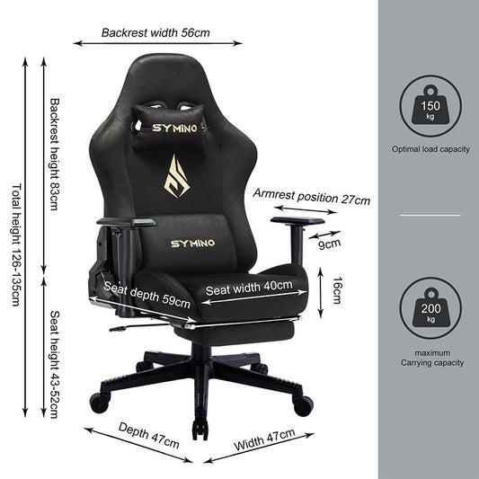 SYMINO Breathable Gaming Chair with Footrest, Adjustable and Rotating, Black